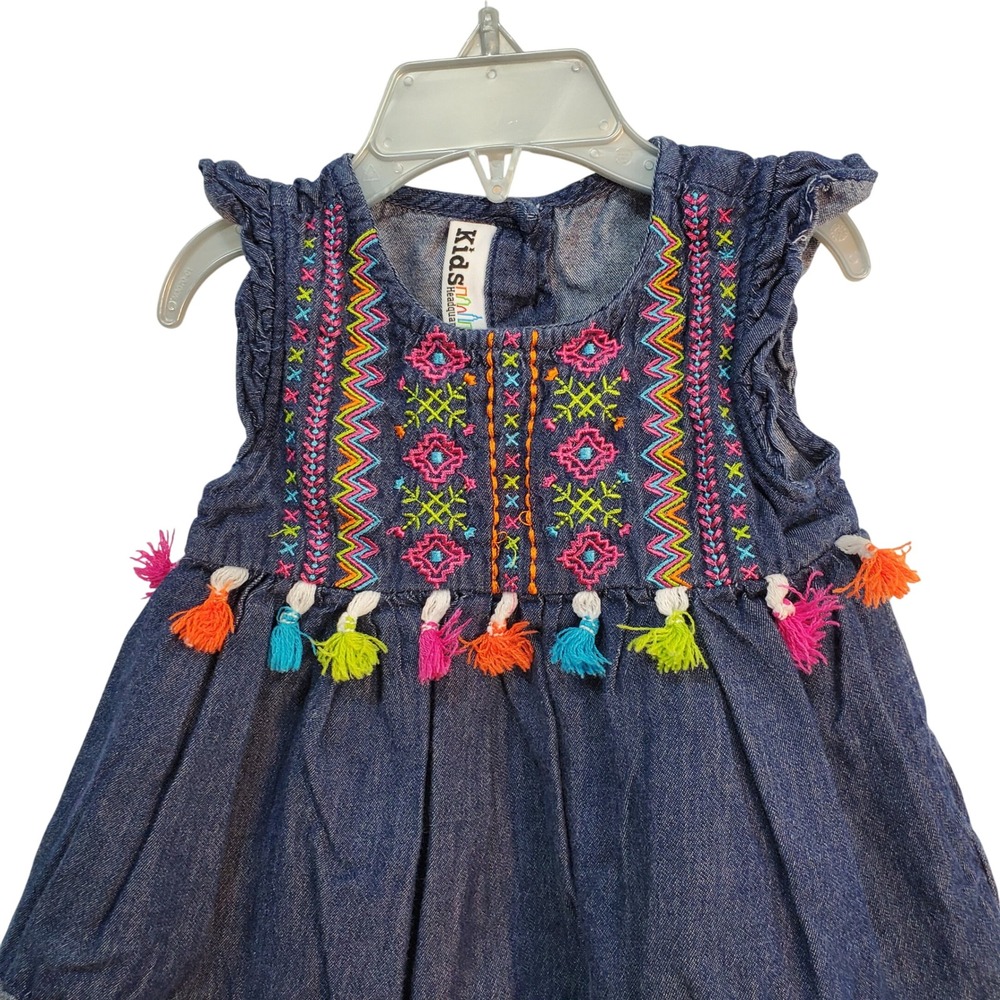 Kids Headquarters Denim Babydoll Colorful Tassels Ruffle Sleeves Top Size 24M
